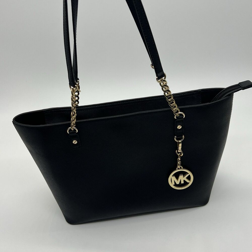 Michael Kors Large Gold Chain Over The Shoulder Handbag  Top Zip Black